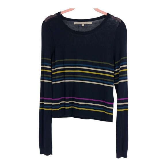 Rachel Roy Navy & Multicolor Striped Knit Longsleeve Cropped Sweater size L - Picture 2 of 10